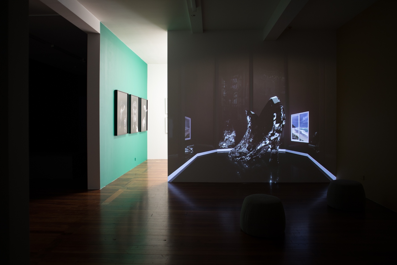 Left: Hoda Afshar, Remain Portrait Series (installation view), 2018, photographic prints. Right: Cushla Donaldson, 501s V.02 (installation view), 2019, 3D rendered video image, the internet. Photo: Janneth Gil.