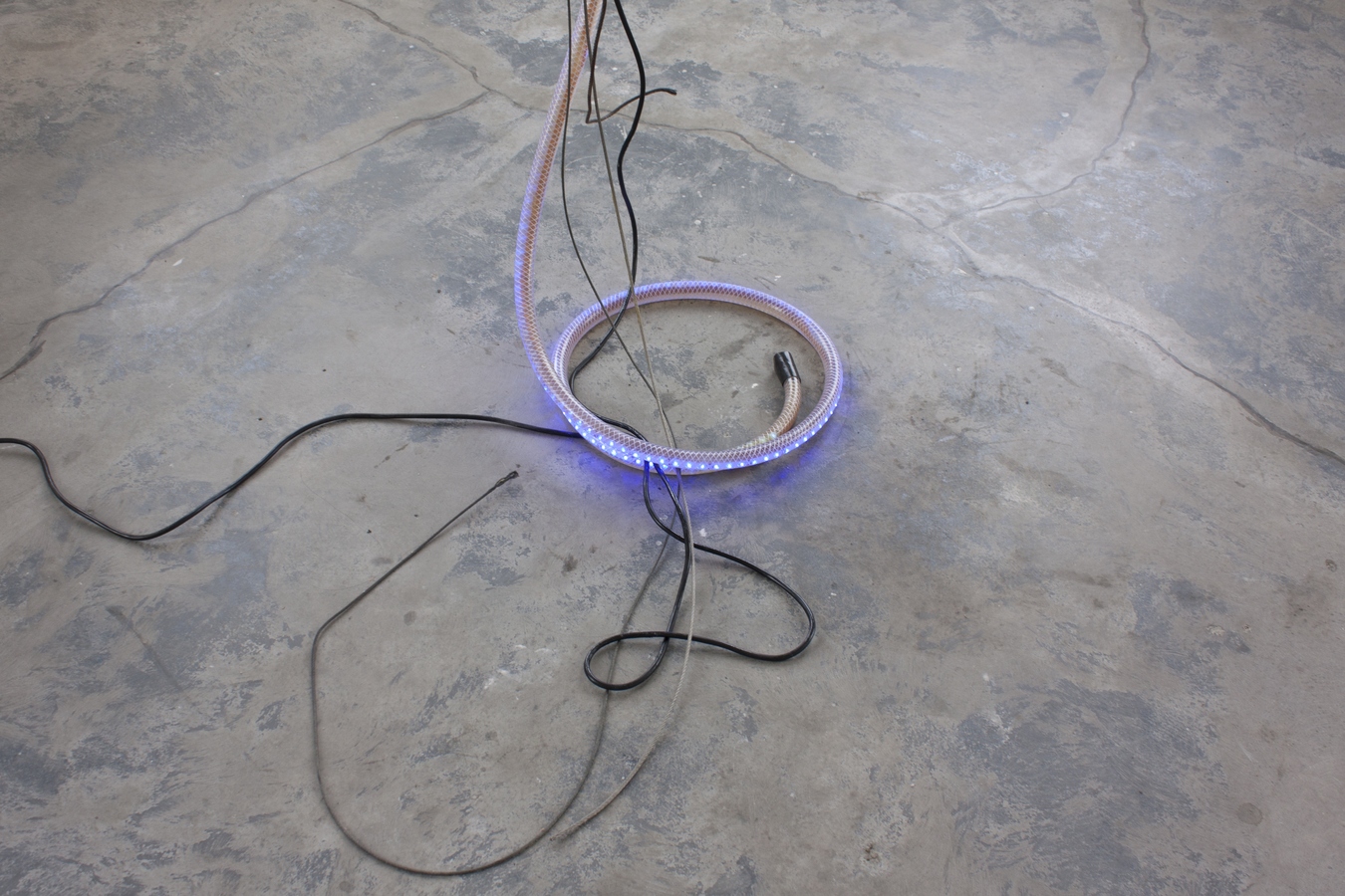 Zoë Paul, LO, Wool on found grill, plastic piping, LED tape, electrics, steel cables, petroleum jelly, oil thickener (detail) 2015