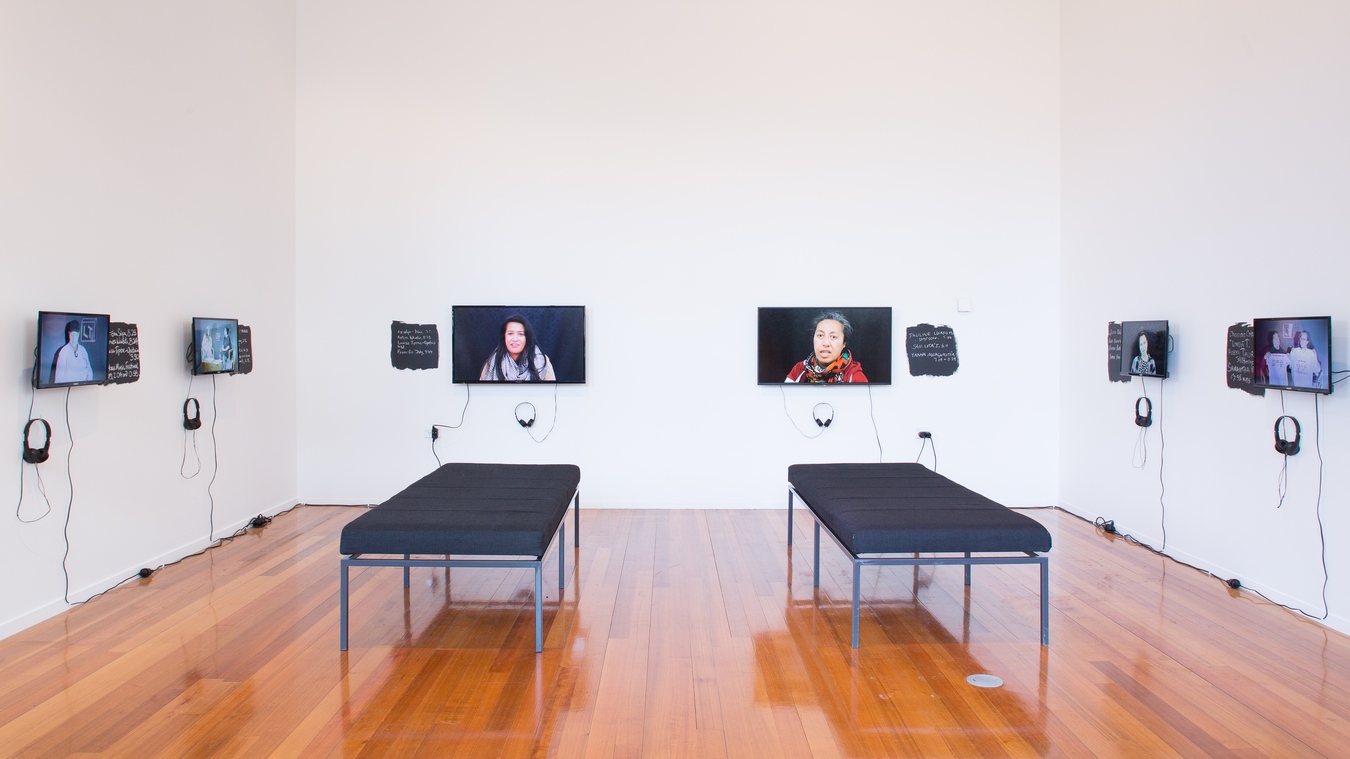 Image: Installation view of Spontaneous Intentionality, Tuafale Tanoa’i. Photo: Janneth Gil.