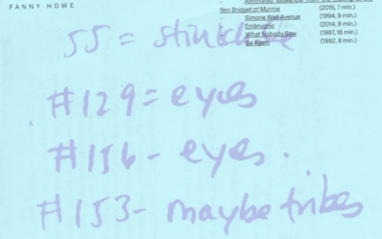 clipping of Fanny Howe screening notes, courtesy of Terrassen