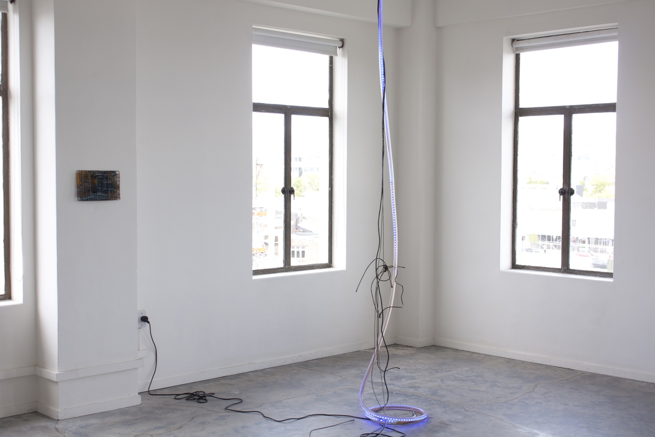 Zoë Paul, LO, Wool on found grill, plastic piping, LED tape, electrics, steel cables, petroleum jelly, oil thickener  2015