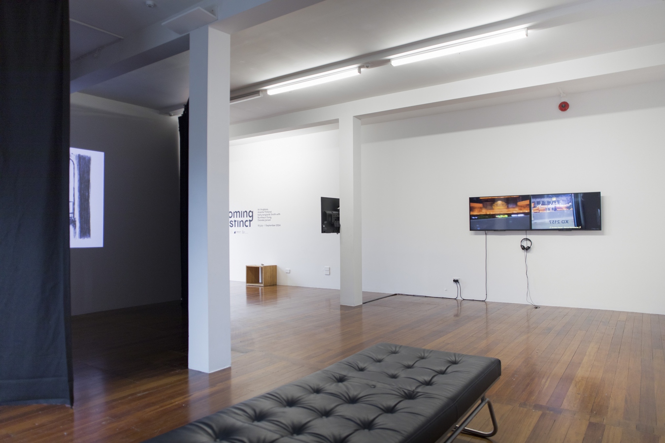 Homing Instinct (install view), 2024, with work by Ananta Thitanat, Siam, 2024 (left) and Ari Angkasa, Quantum Leap, 2024 (right). Image by Janneth Gil.