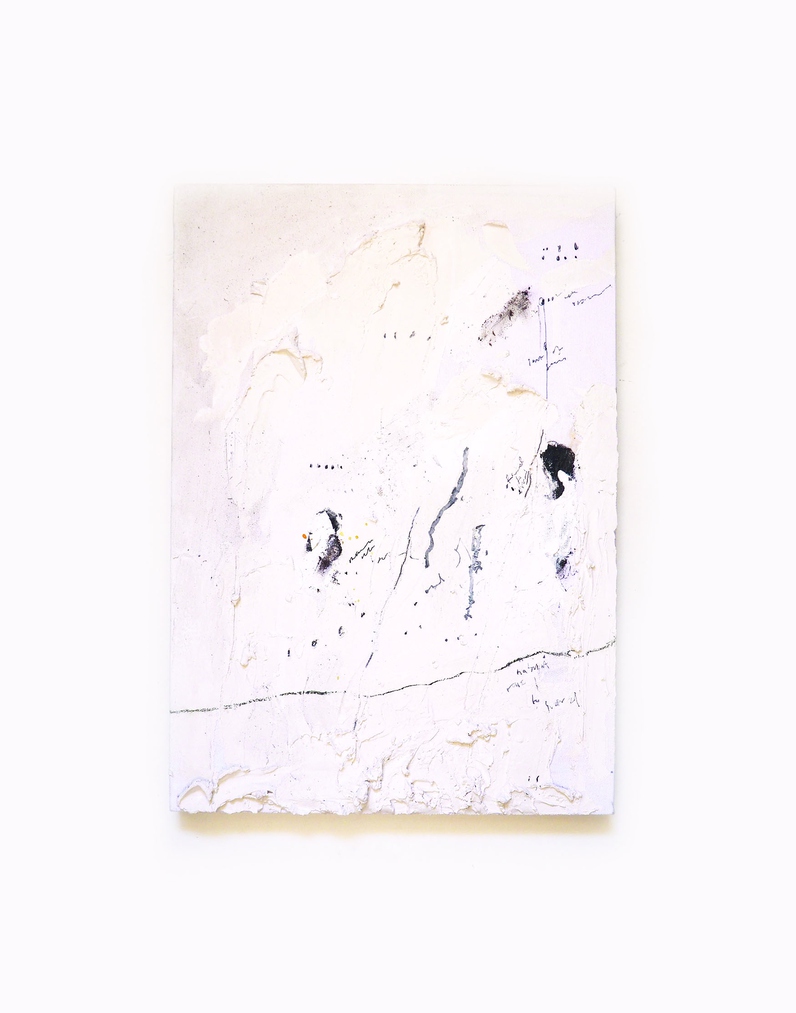 Record of taking [ ] into the body 2 (2021) 420mm x 600mm plaster, ink, acrylic, pencil, oil pastel, and soil on canvas
