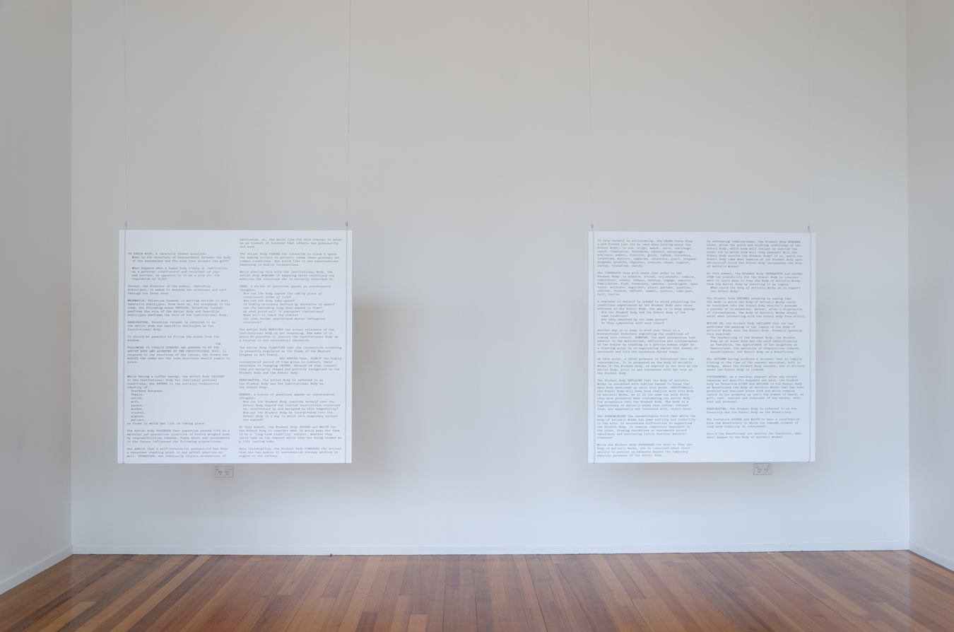Valentina Curandi, Kate (As of November 28, 2018), 2018, spare ceiling tiles from The Physics Room building, designed by Yin Yin Wong with script editions by Isabelle Sully, two pieces, each 120cm x 120cm. Image: Mitchell Bright.
