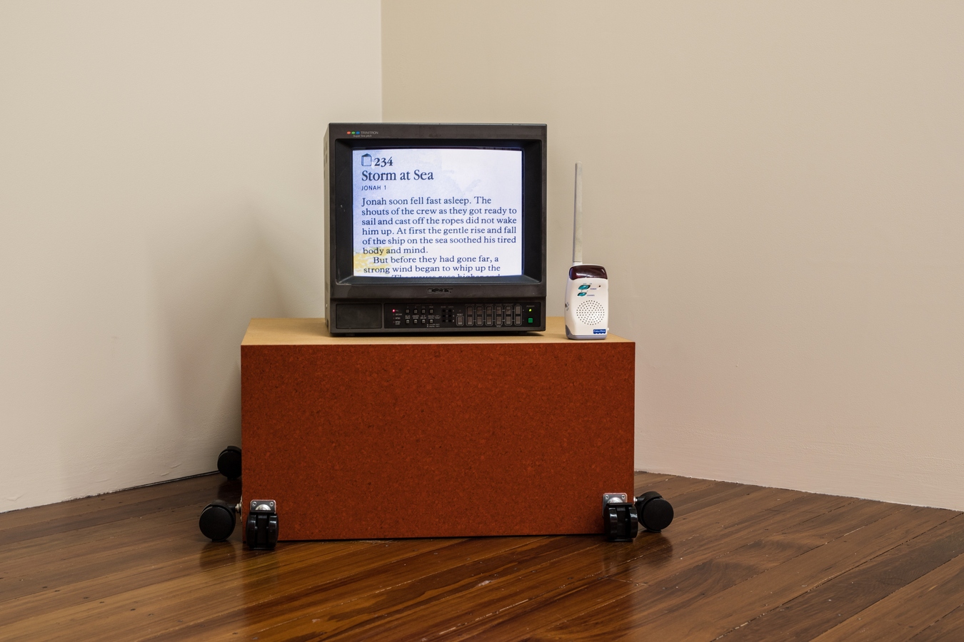 Grace Crothall, Jonah’s story (installation view), 2021, CRT TV, baby monitor, and monitor wheel plinth. Photo: Janneth Gil.