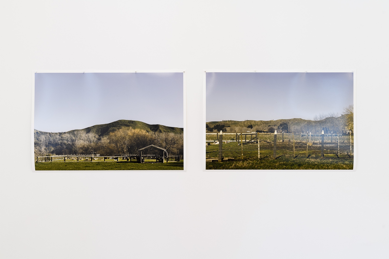 artwork, pair of photographs as a diptych featuring hills and a field, muted green and grey blue sky