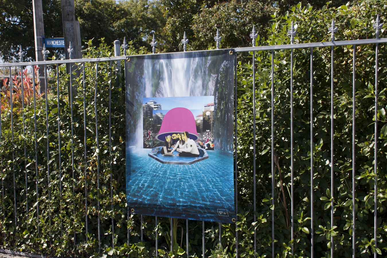 All the Cunning Stunts, Woahmanchester (A Road Movie of Intrepid Dimensions), 2016, Health and Awareness Centre fence, cnr Bealey Avenue & Manchester Street. Photo: Daegan Wells