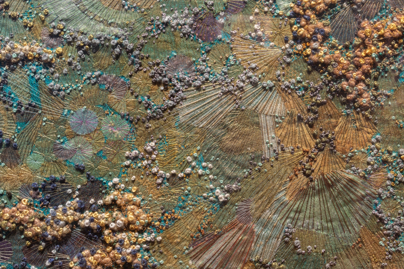 Image: Carol Ann Bauer, Fossil Shells (detail). Stitching fabric. Photo by Lindsey de Roos.