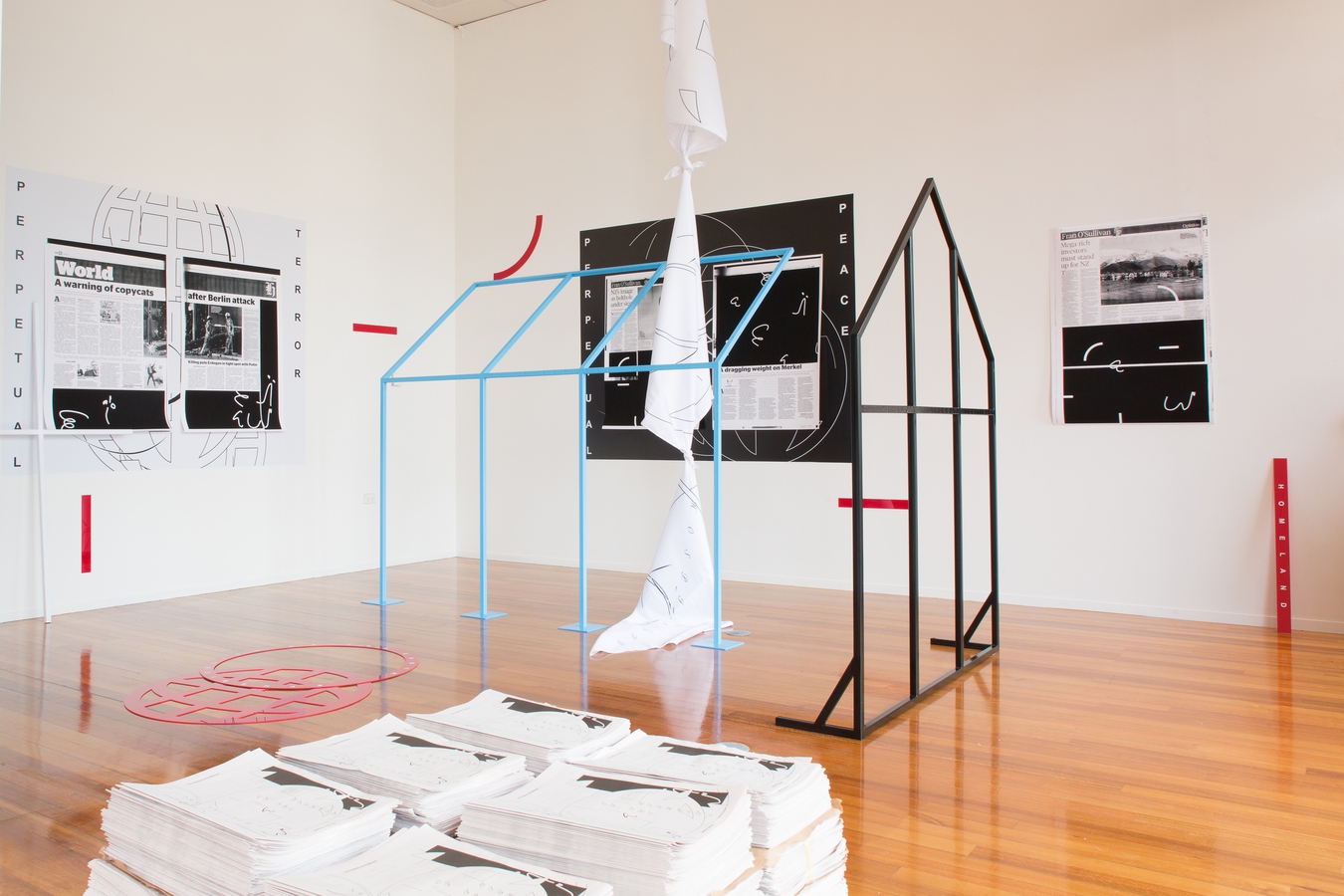 Image: Installation view of The Freedom of the Migrant, Matthew Galloway. Photo: Janneth Gil.