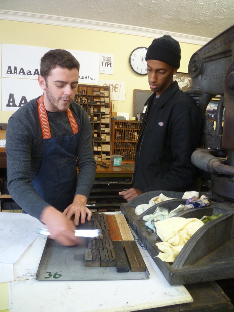 Image: Cameron & Xavier at the Ferrymead Heritage Park letterpress printing workshop held following Seen & Heard: Public Displays and Public Discourses. 