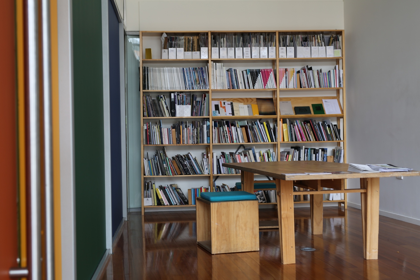 The Physics Room Library with Oliver Perkins' Study for TPR Mural, acrylic on pre-primed canvas, 2018.