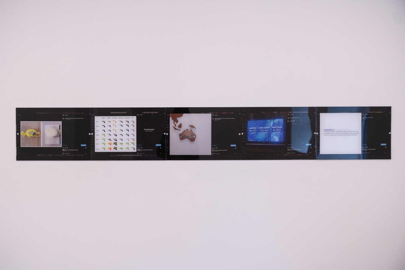 Abigail Aroha Jensen, (left to right) PINEAPPLE, APPLE/GOOGLE, OCEANIA, NGA PUHI, EZEKIEL 18:13 etc., all 2025. 3mm clear acrylic prints. Photo by Bri Lawrence.