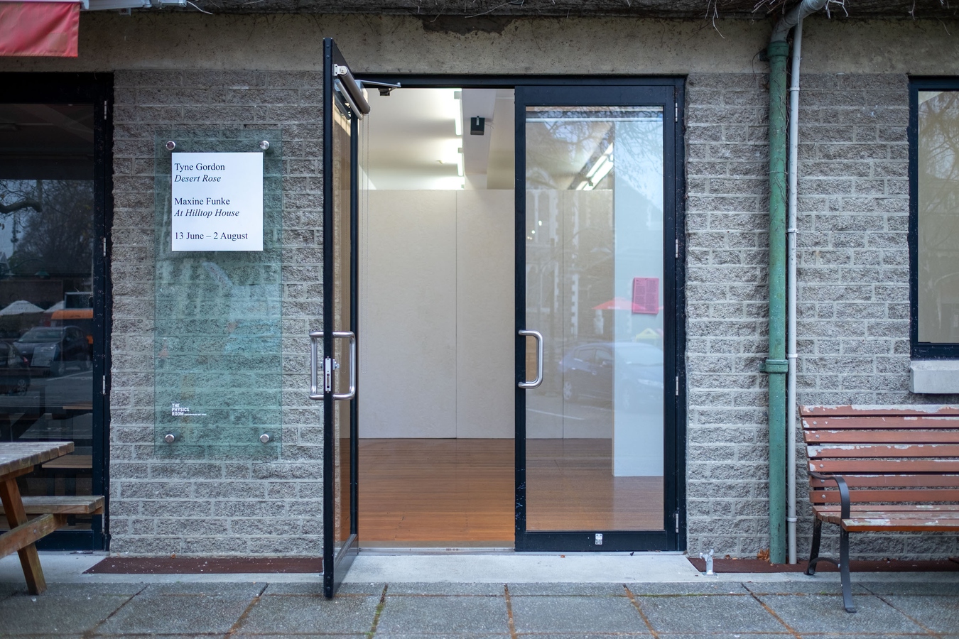 Entrance to Desert Rose by Tyne Gordon and At Hilltop House by Maxine Funke, The Physics Room, 2026. Photo by Bri Lawrence.