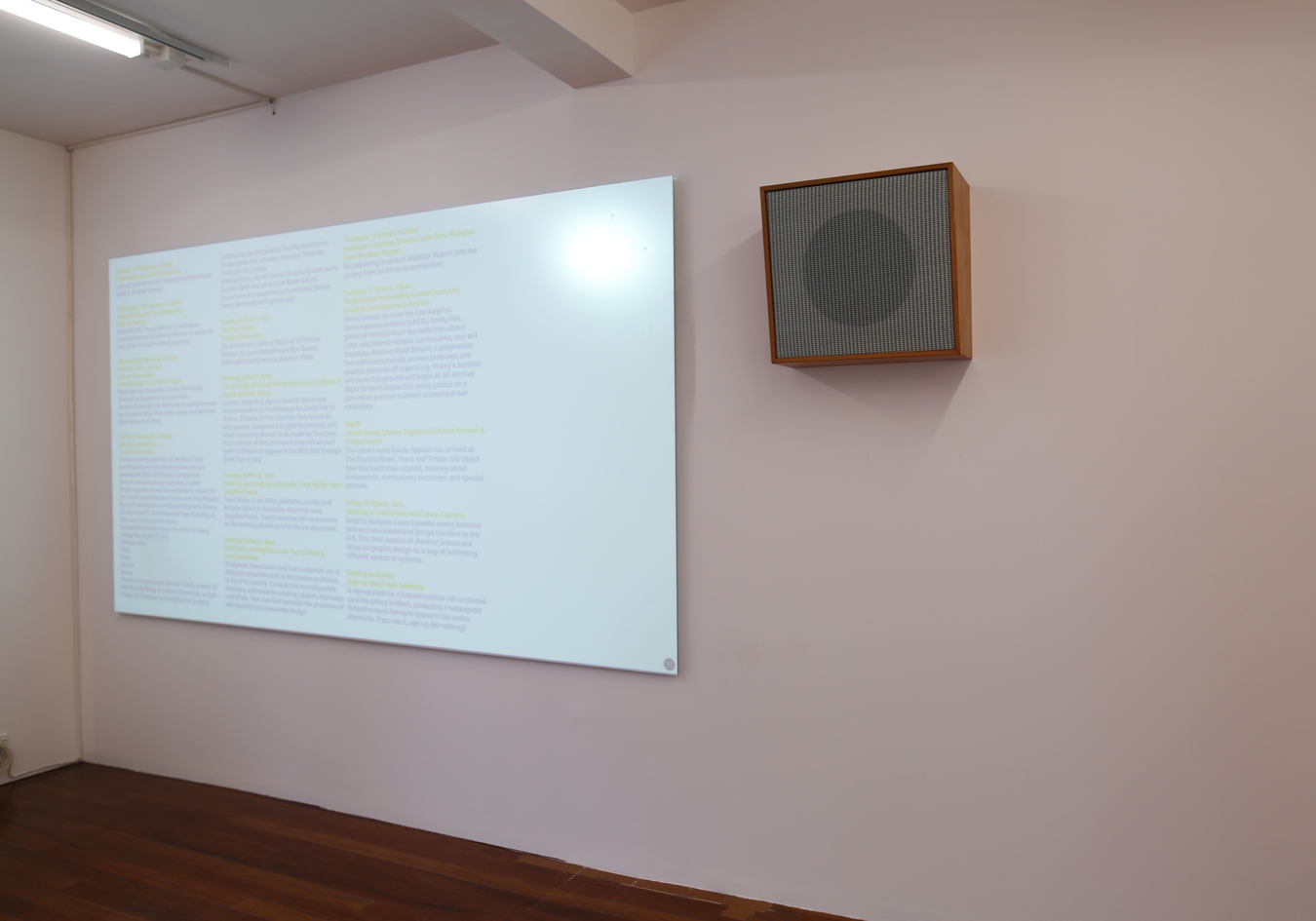 Lee Richardson and Josephine Jelicich, Another School (install detail), rimu intercom speaker and screen, 2026.