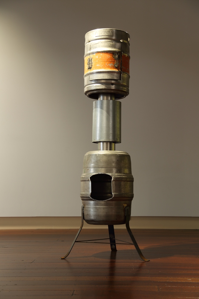 Rob Hood, Double Keg Smoker, two stainless steel beer kegs, stainless steel pipe and steel legs, 2018. Image: John-Paul Pochin.