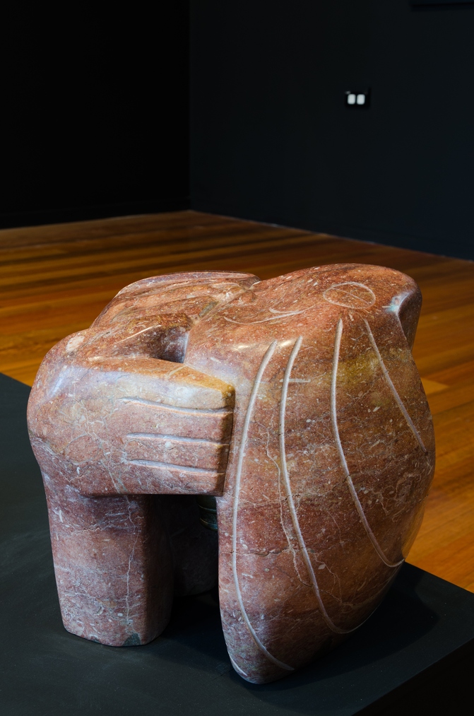 Pat Foster, Pink Kiss, 1997, Hanmer pink marble with brass bell, collection of the Aigantighe Art Gallery, Timaru. Image: Mitchell Bright.