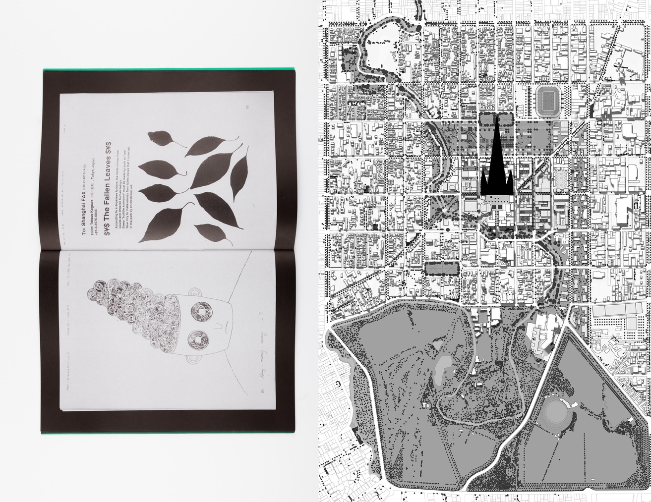 Photo credits: Left, spread from Re-print #2 Shanghai Fax published by 3-ply. Right, map of Christchurch by Matt Galloway.