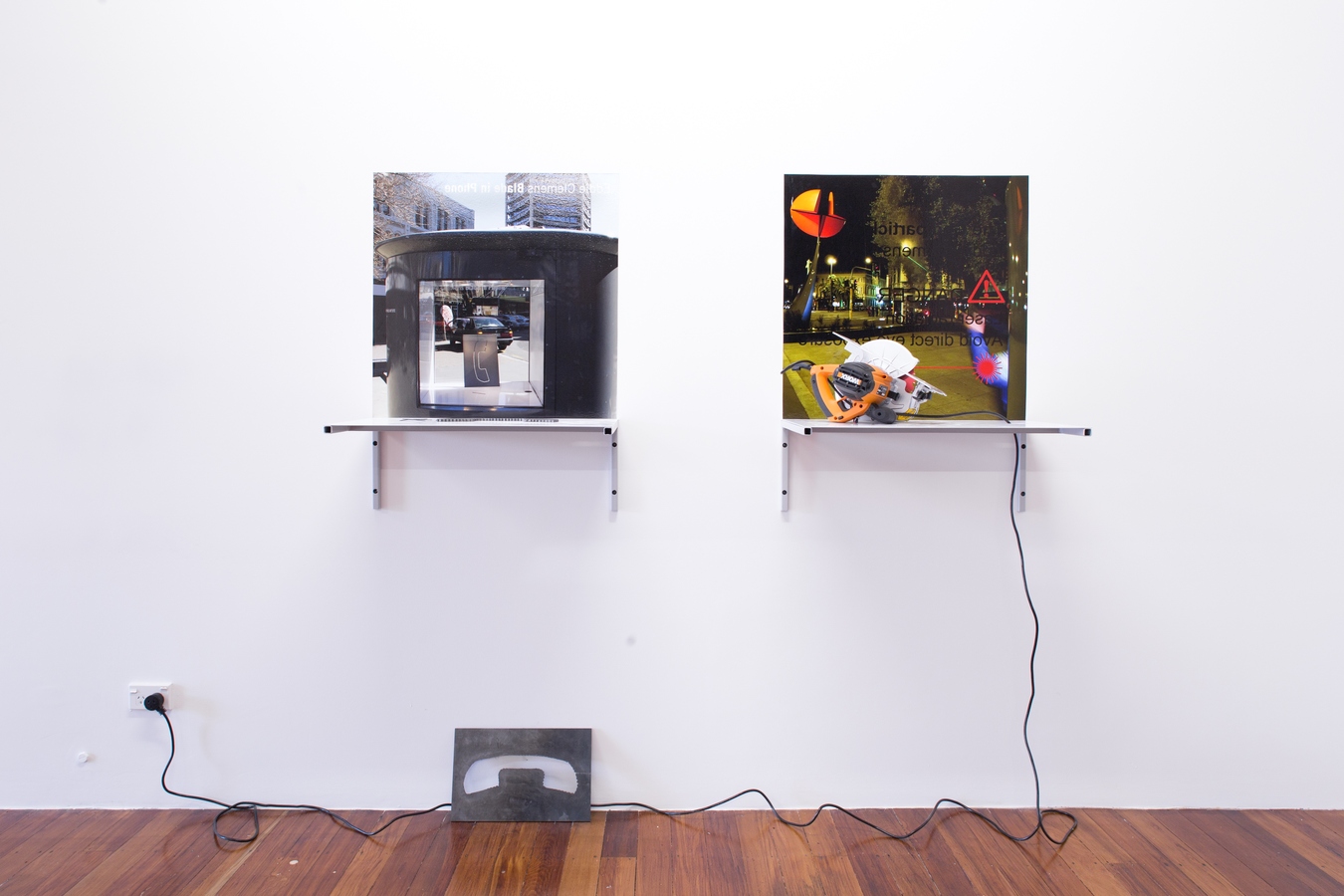Left: Eddie Clemens, Blade in Phone (installation view), 2009/2020. Right: Eddie Clemens, The God Particle (installation view), 2010/2020. Photo: Janneth Gil.
