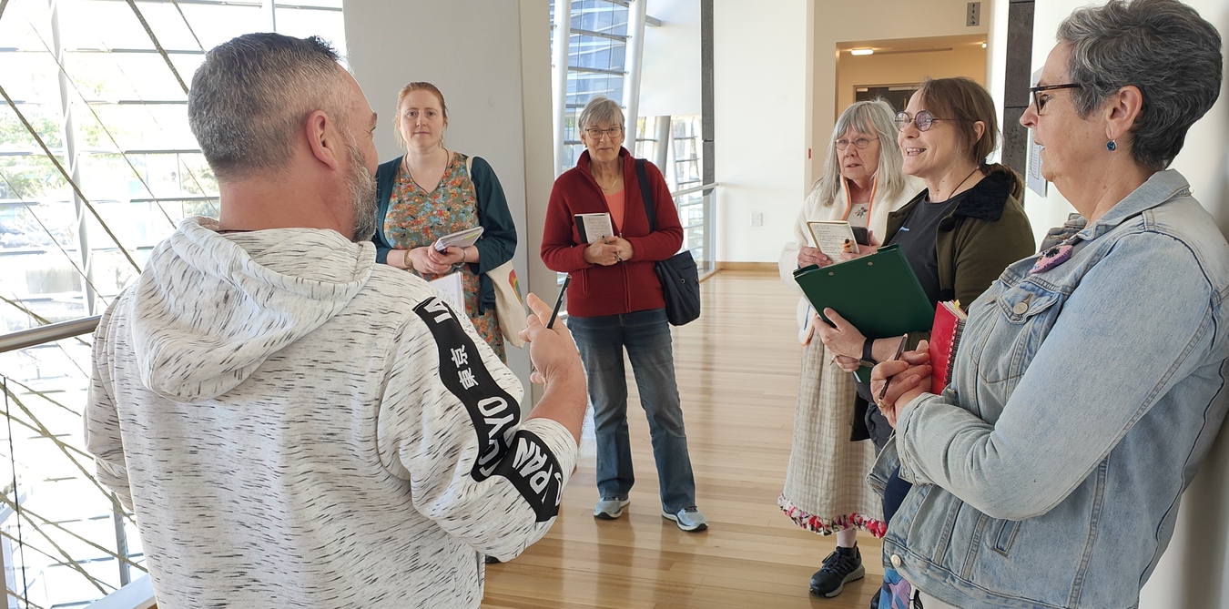 Group discussion on how best to create an audio description of Tīkawe by Mata Ahou at Christchurch Art Gallery Te Puna o Waitwhetu