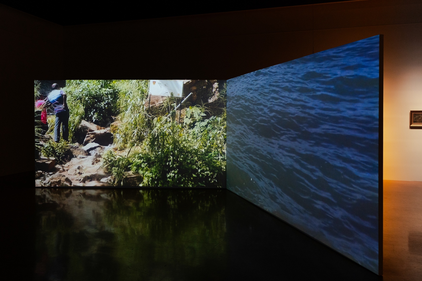 Image: Dilohana Lekamge, A Different Ocean (installation view), 2021. Two-channel video and sound. 5'01". Photo by Rosa Nevison.
