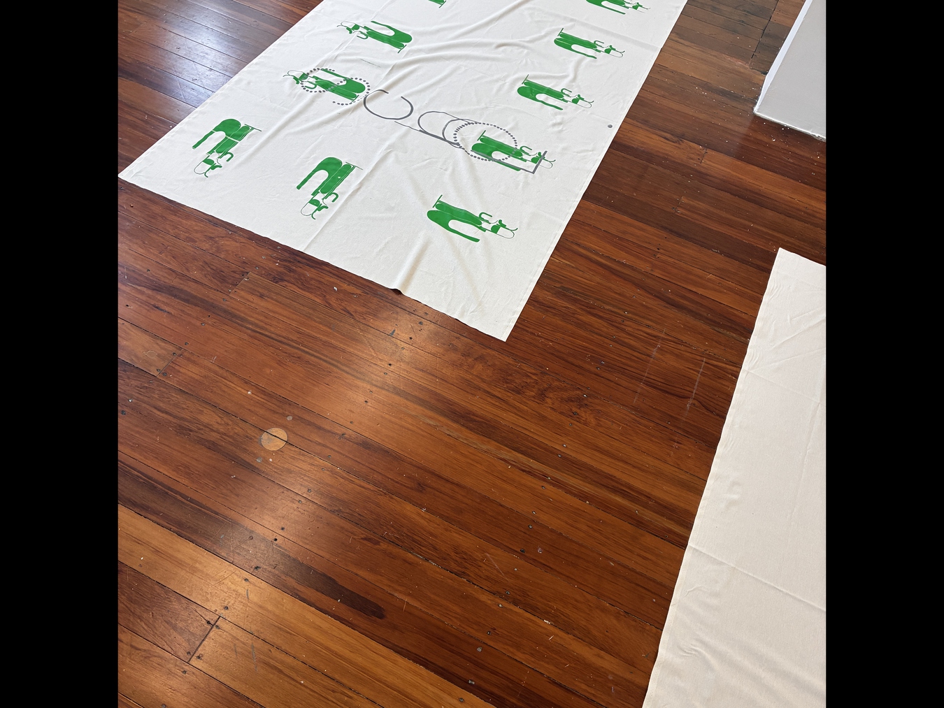 Lee Richardson, Another School (install detail), screenprinted tablecloth, 2026