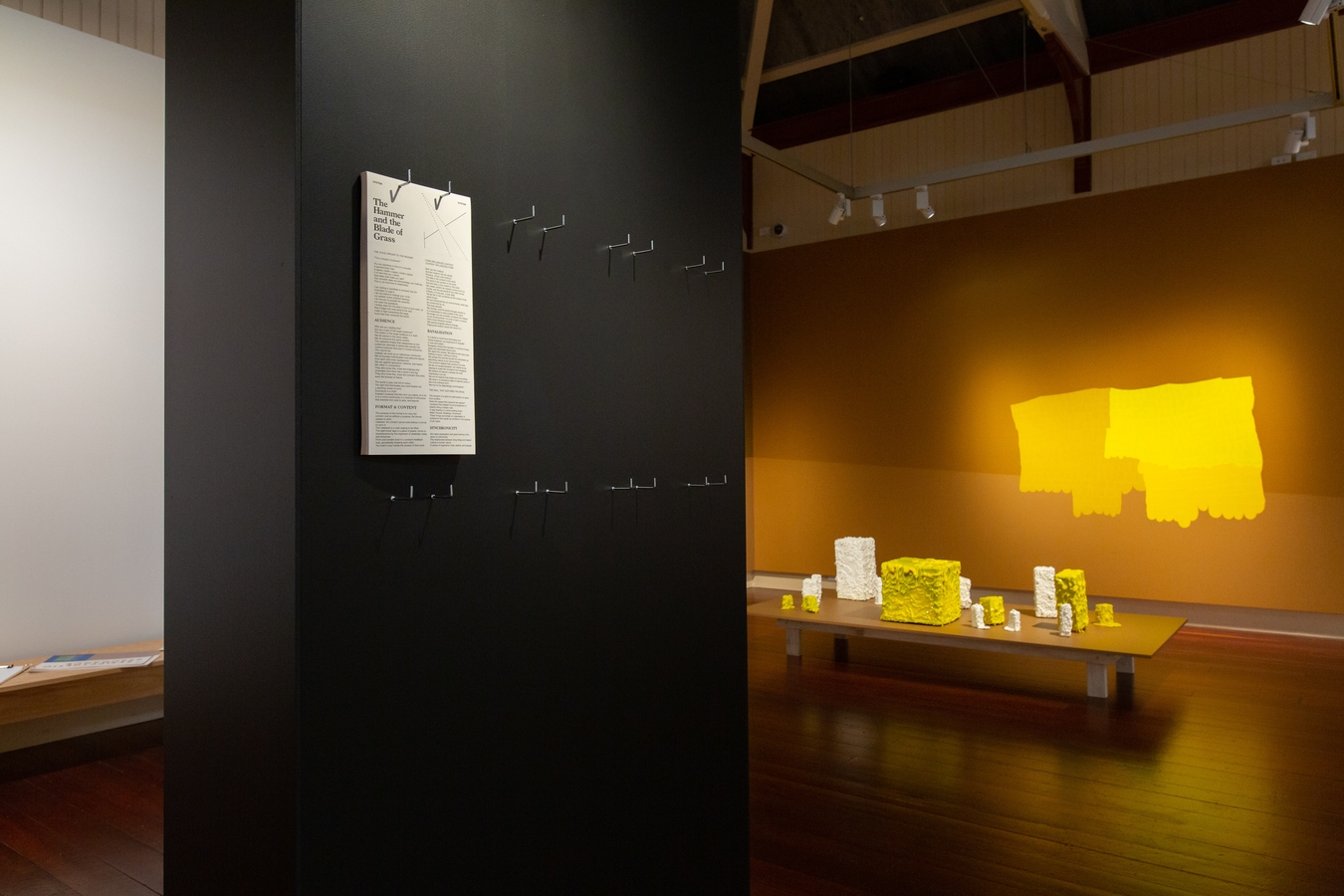 Image: Installation view of Daniel Shaskey, System to system, 2019-2020, sculpture and modular publication (left); Ruth Thomas-Edmond (right).