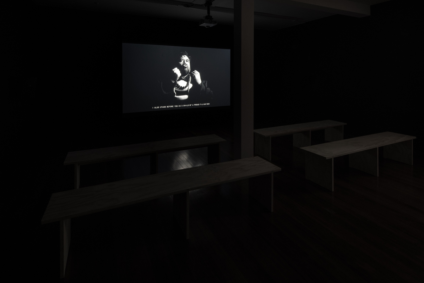 Installation view of Luke Willis Thompson, Soro, 2025. 35mm film transferred to 4K digital video, black and white, silent, 12 mins. Commissioned by Te Wai Ngutu Kākā Gallery.