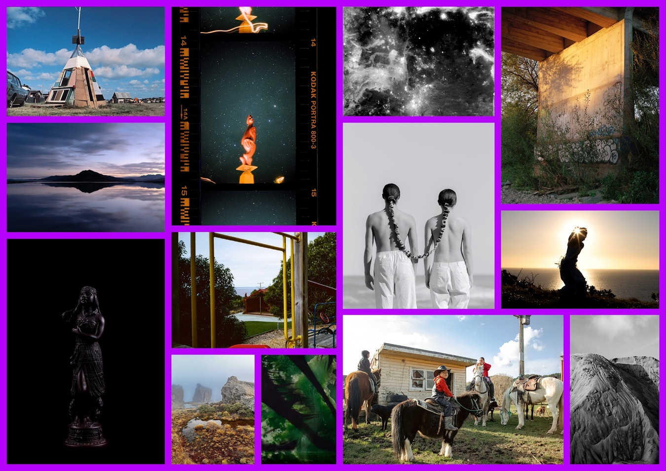 A photo collage displaying a grid of images by Māori Camera Club members. The photographs depict varied subjects including landscapes, architectural structures, portraits and taonga.