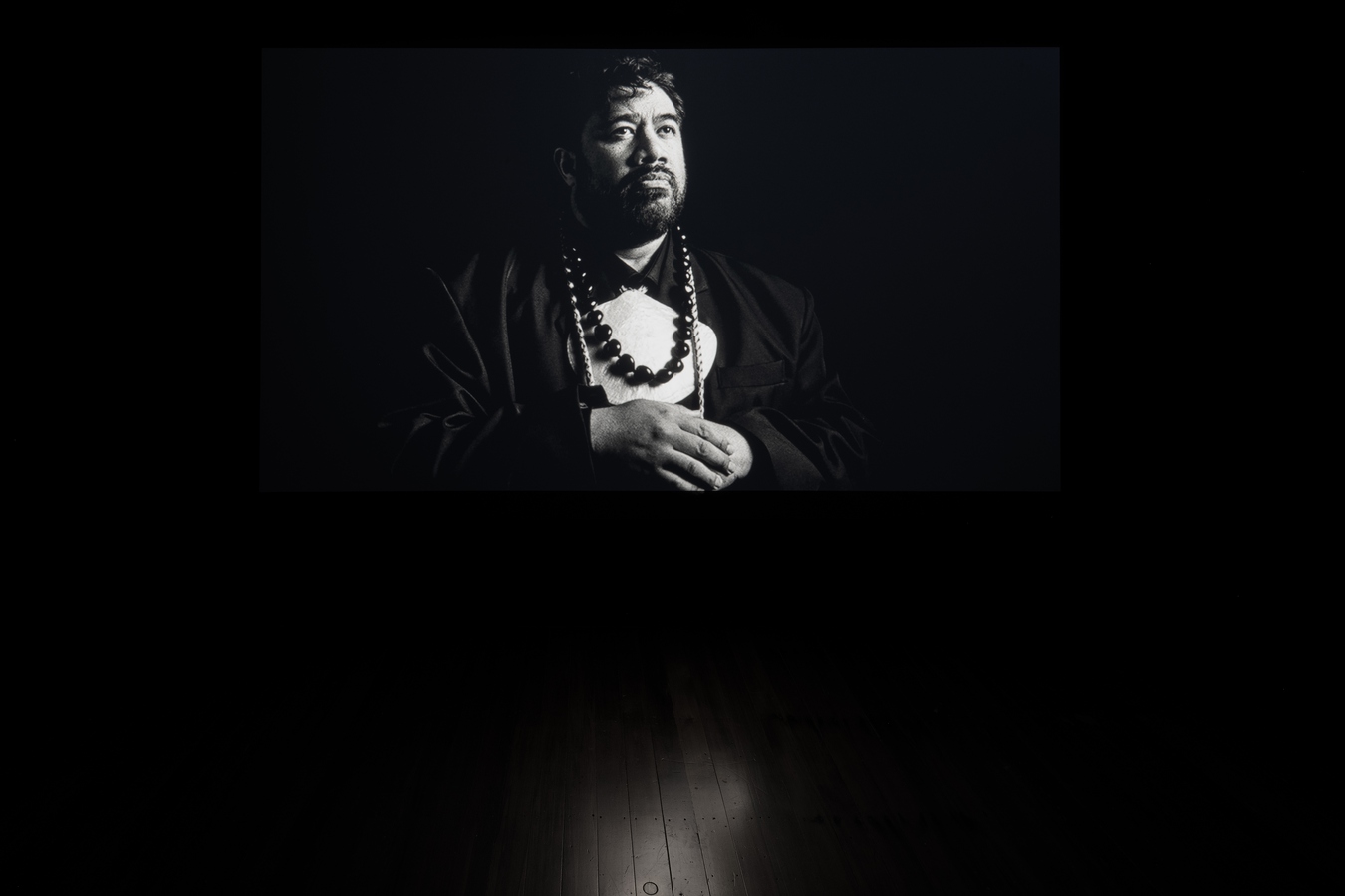 Installation view of Luke Willis Thompson, Soro, 2025. 35mm film transferred to 4K digital video, black and white, silent, 12 mins. Commissioned by Te Wai Ngutu Kākā Gallery.