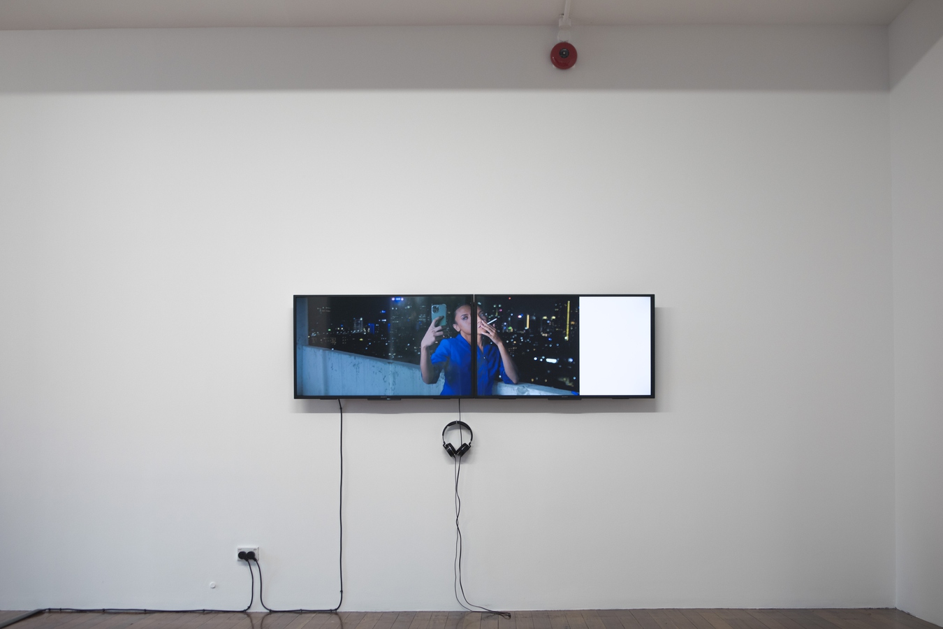 Ari Angkasa, Quantum Leap, 2024, two-channel digital video with sound (install view). Image by Janneth Gil and photo assistant Valeria Sanchez