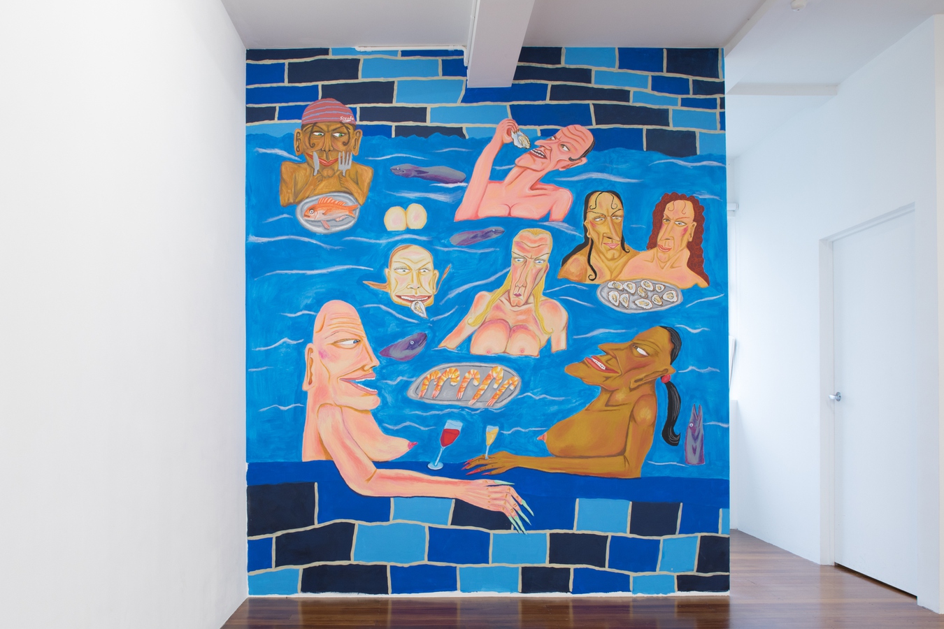 Image: Priscilla Rose Howe, Pool Party (installation view), 2023. Acrylic paint and oil pastels. With thanks to Tyne Gordon for their assistance on this work. Photo by Janneth Gil.