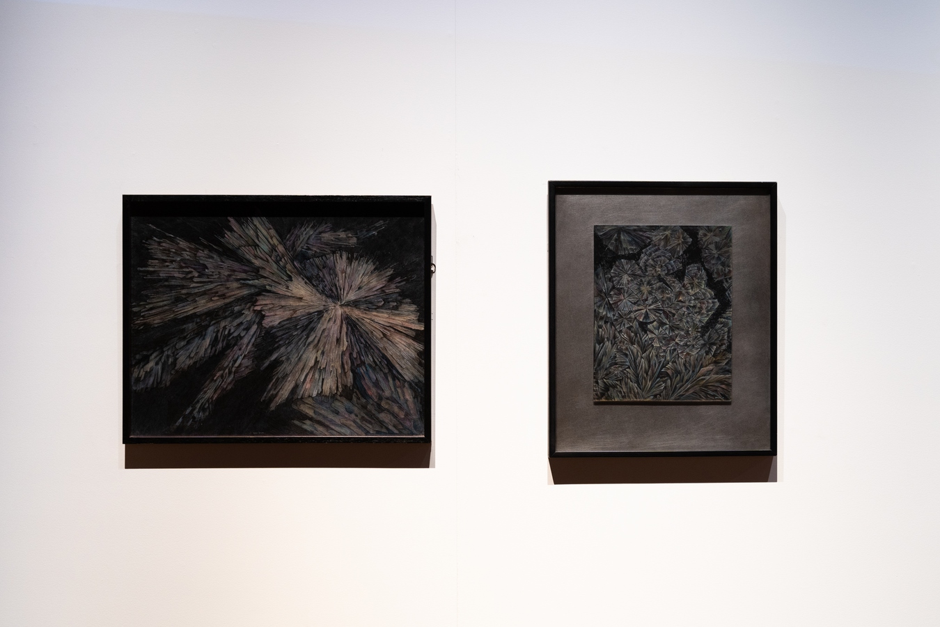 Image: Carol Ann Bauer, Sodium Citrate (left), Crystals (D-L Aspartic) (right), both 1982. Acrylic on perspex. Photo by Rosa Nevison.