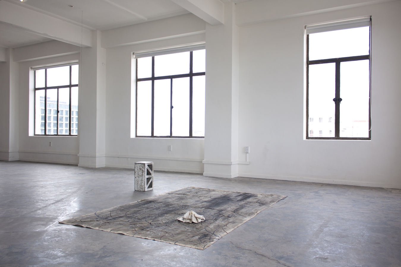 Daegan Wells, 'Untitled (Extracts from Lodgings, Residential Red Zone, 57 Banks Ave)', 2015Concrete, slate, fabric, nylon
