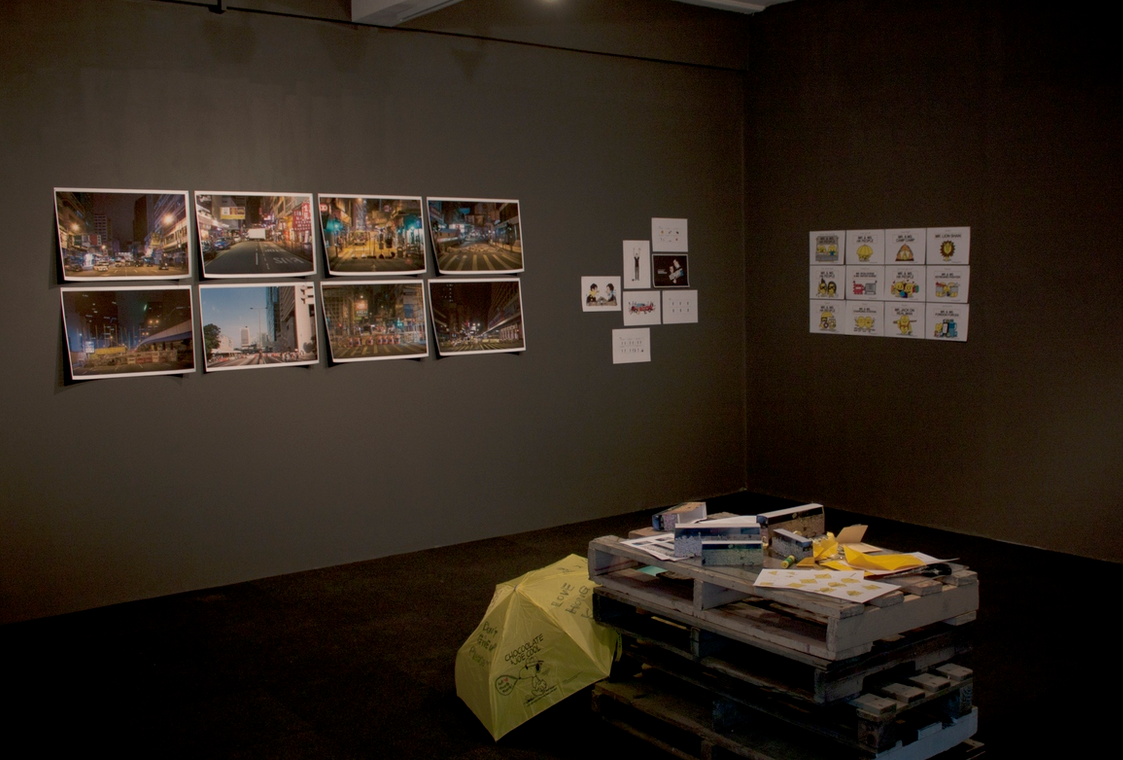 installation viewTSE Pak Chai, Barricades, photographs, 2014Justin Wong, comicsMax Ip, illustrations, Mr & Ms Hong Kong People