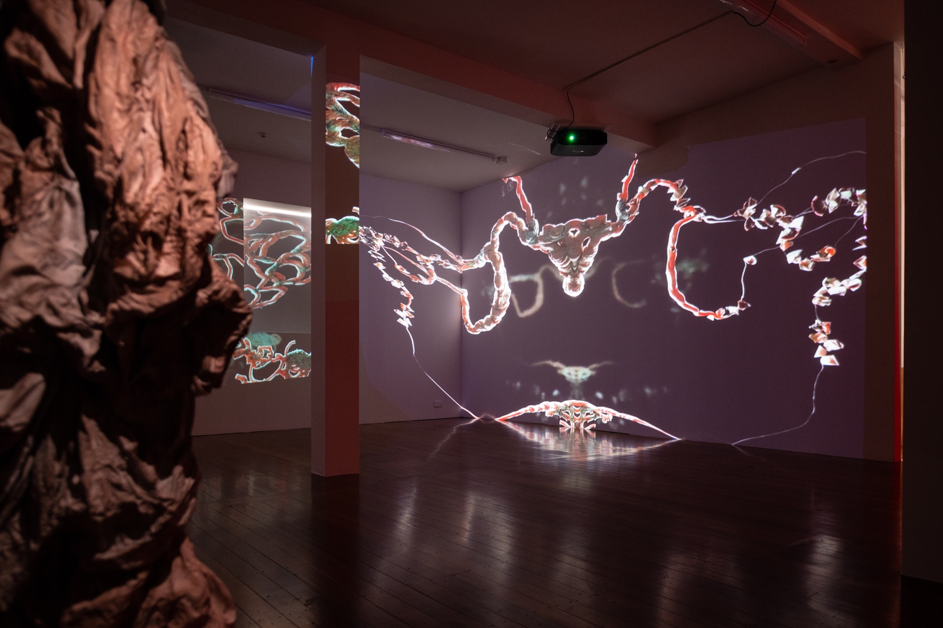 Jahra Wasasala, KALOUGATA: under the earth (installation view), 2022. With Navi Fong (VOU), Henry Lai-Pyne, Harrison Hall, Ooshcon, Steven Junil Park (6x4), and Oliva Luki (a.k.a. Spewer). Photo by Stuart Lloyd-Harris.